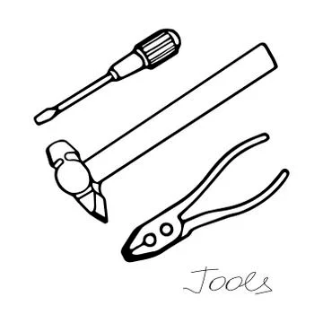 Hand-draw black vector illustration of metallic locksmith tools set isolated Stock Illustration