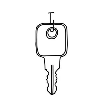 Hand-draw black vector illustration of metallic key located on a metal hook o Stock Illustration