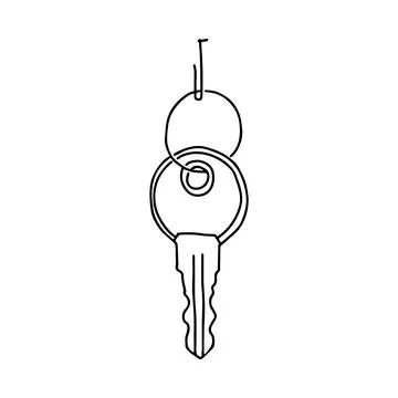 Hand-draw black vector illustration of metallic key located on a metal hook o Stock Illustration
