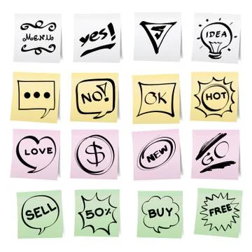 Hand draw cartoon on paper note stickers Stock Illustration