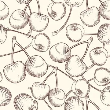 Hand draw cherries seamless pattern. Engraving style. Stock Illustration