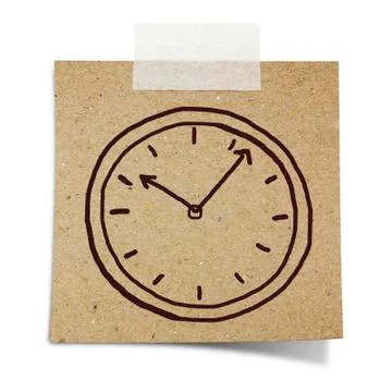 Hand draw clock on note taped recycle paper Stock Photos