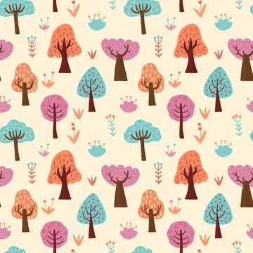 Hand draw different colored cartoon style various trees, bushes and plants ve Stock Illustration