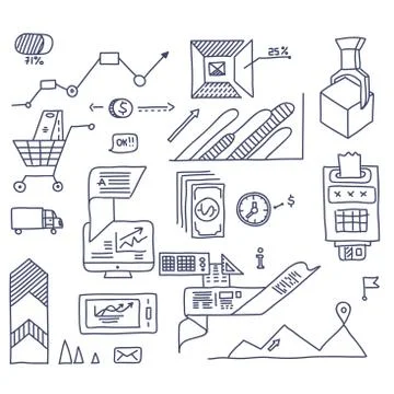 Hand draw doodle elements bank business finance analytics earnings Stock Illustration