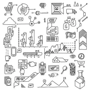 Hand draw doodle elements bank business finance analytics earnings Stock Illustration