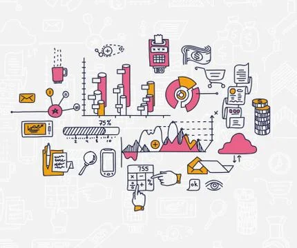 Hand draw doodle elements bank business finance analytics earnings Stock Illustration