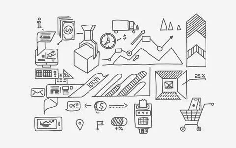 Hand draw doodle elements bank business finance analytics earnings Stock Illustration
