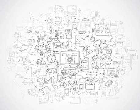 Hand draw doodle elements bank business finance analytics earnings Stock Illustration