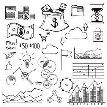 Hand draw doodle elements money and coin icon, chart graph. Concept bank 스톡 일러스트