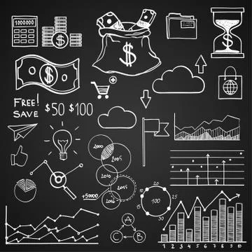Hand draw doodle elements money and coin icon, chart graph. Concept bank Stock Illustration