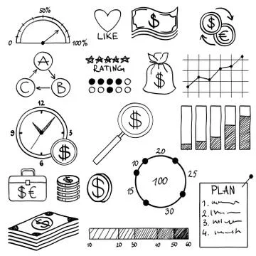 Hand draw doodle elements money and coin icon, chart graph. Concept bank Stock Illustration