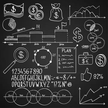 Hand draw doodle elements money and coin icon, chart graph. Concept bank Illustrazione stock