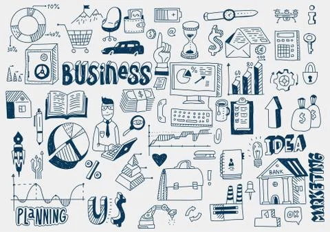 Hand draw doodle elements money, charts, graphs. Business finance analytics Illustrazione stock