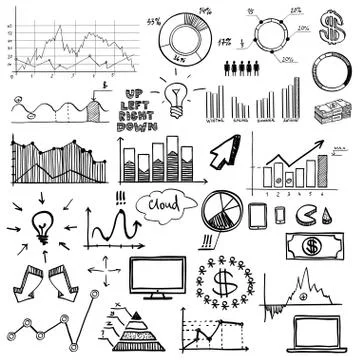 Hand draw doodle web charts business finanse elements on chalk board. Concept - 스톡 일러스트