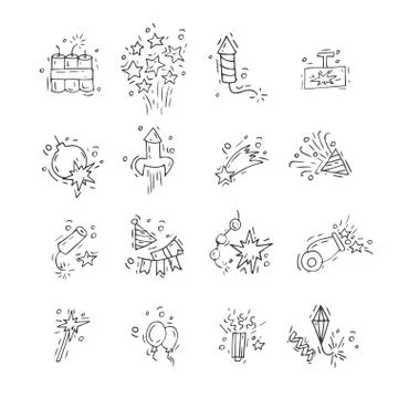 Hand draw firework icon set with petard, stars and pyrotechnics. Festival and Stock Illustration