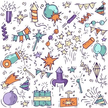 Hand draw firework icon set with petard, stars and pyrotechnics. Festival and Stock Illustration