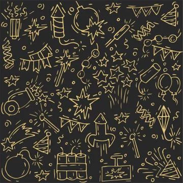 Hand draw firework icon set with petard, stars and pyrotechnics. Festival and Stock Illustration