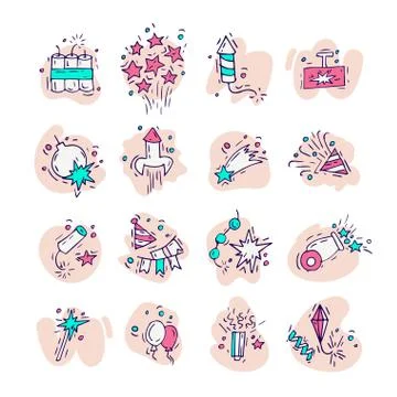 Hand draw firework icon set with petard, stars and pyrotechnics. Festival and Stock Illustration