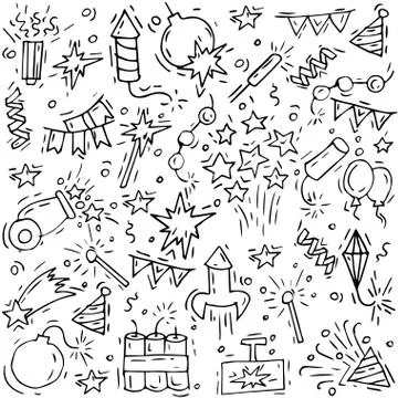 Hand draw firework icon set with petard, stars and pyrotechnics. Festival and Stock Illustration