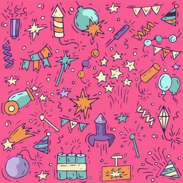 Hand draw firework icon set with petard, stars and pyrotechnics. Festival and Stock Illustration