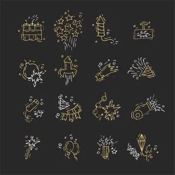 Hand draw firework icon set with petard, stars and pyrotechnics. Festival and Stock Illustration