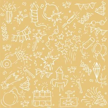 Hand draw firework icon set with petard, stars and pyrotechnics. Festival and Stock Illustration