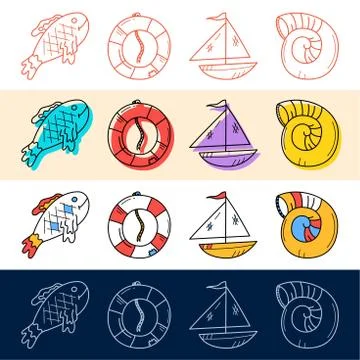Hand draw fish, sea shell, boat, travel icon set in doodle style for your des Stock Illustration