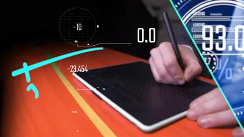 Hand draw graph on tablet with hand and pen with futuristic hud interface ba Stock Footage 235226547