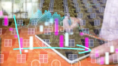 Hand draw graph on tablet with hand and pen with futuristic hud interface so Stock Footage 235373068
