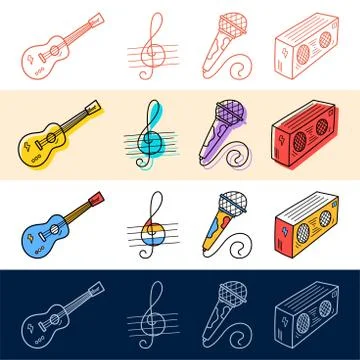 Hand draw guitar, note, microphone icon set in doodle style for your design Stock Illustration
