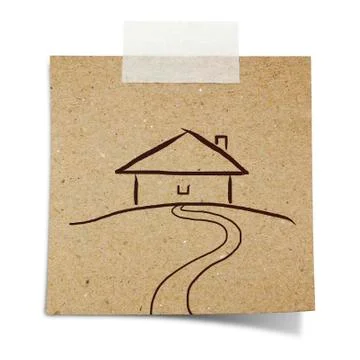 Hand draw house on note taped recycle paper Stock Photos