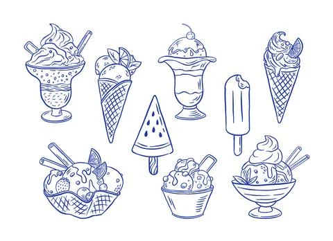 Hand draw ice cream vector illustration. Vintage icecream icon set. Gelato,.. Stock Illustration