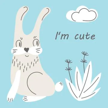 Hand draw illustration with a cute rabbit, cloud and plants on a blue backgro Stock Illustration