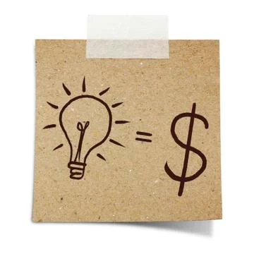 Hand draw lightbulb and dollar symbol on note taped recycle paper Stock Photos
