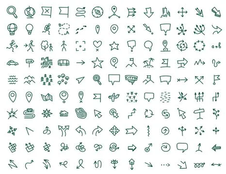 Hand draw map icons set travel geography and directions Stock Illustration