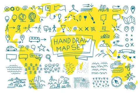Hand draw map set elements Stock Illustration