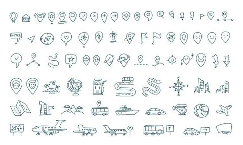 Hand draw map set elements. Transport tracking. Travel geography road icons Stock Illustration