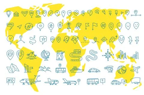Hand draw map set elements. Transport tracking. Travel geography road icons Stock Illustration