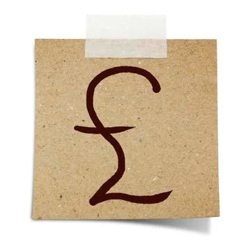Hand draw pound sterling on note taped recycle paper Stock Photos