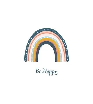 Hand draw rainbow with text be happy. Stock Illustration