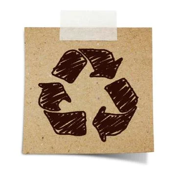 Hand draw recycle sign on note taped recycle paper Stock Photos