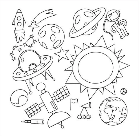 Hand draw space illustration with a rocket, astronaut, planets and aliens. Cute Stock Illustration