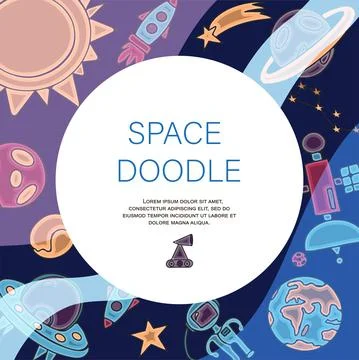 Hand draw space illustration with a rocket, astronaut, planets and aliens. Cute Stock Illustration