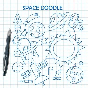 Hand draw space illustration with a rocket, astronaut, planets and aliens. Cute Stock Illustration
