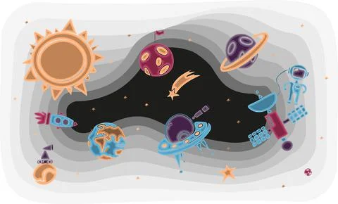Hand draw space illustration with a rocket, astronaut, planets and aliens. Cute Stock Illustration