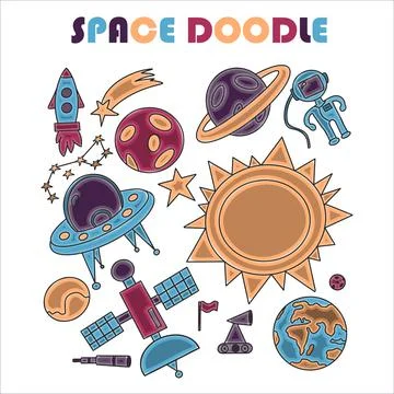 Hand draw space illustration with a rocket, astronaut, planets and aliens. Cute Stock Illustration
