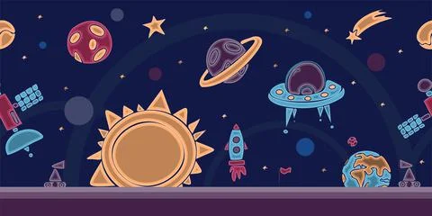 Hand draw space illustration with a rocket, astronaut, planets and aliens. Cute Stock Illustration
