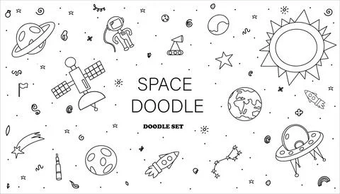 Hand draw space illustration with a rocket, astronaut, planets Cute, children s Stock Illustration