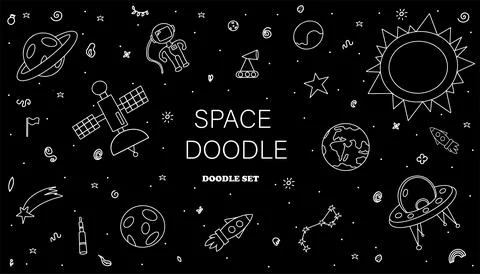 Hand draw space illustration with a rocket, astronaut, planets Cute, children s Stock Illustration