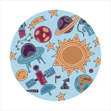 Hand draw space illustration with a rocket, astronaut, planets and aliens. Cute 库存插图